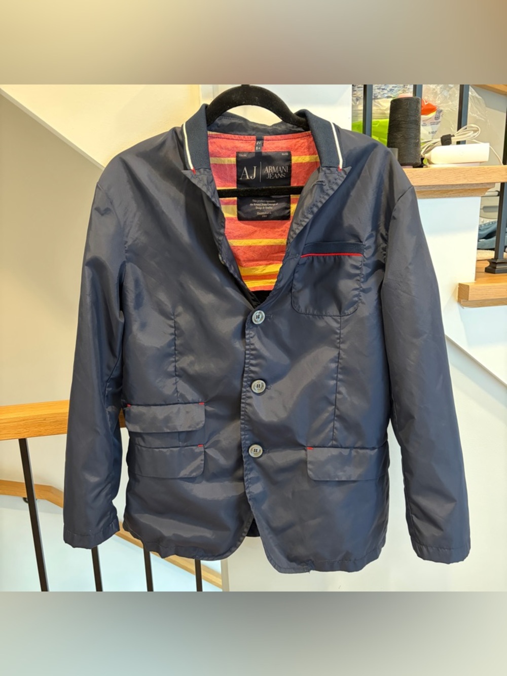 Armani Jeans Navy Jacket with Pink & Yellow Striped Lining M